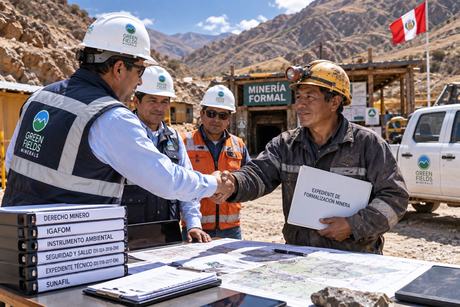Equipo de Greenfields Minerals revisando documentación de formalización minera con trabajadores