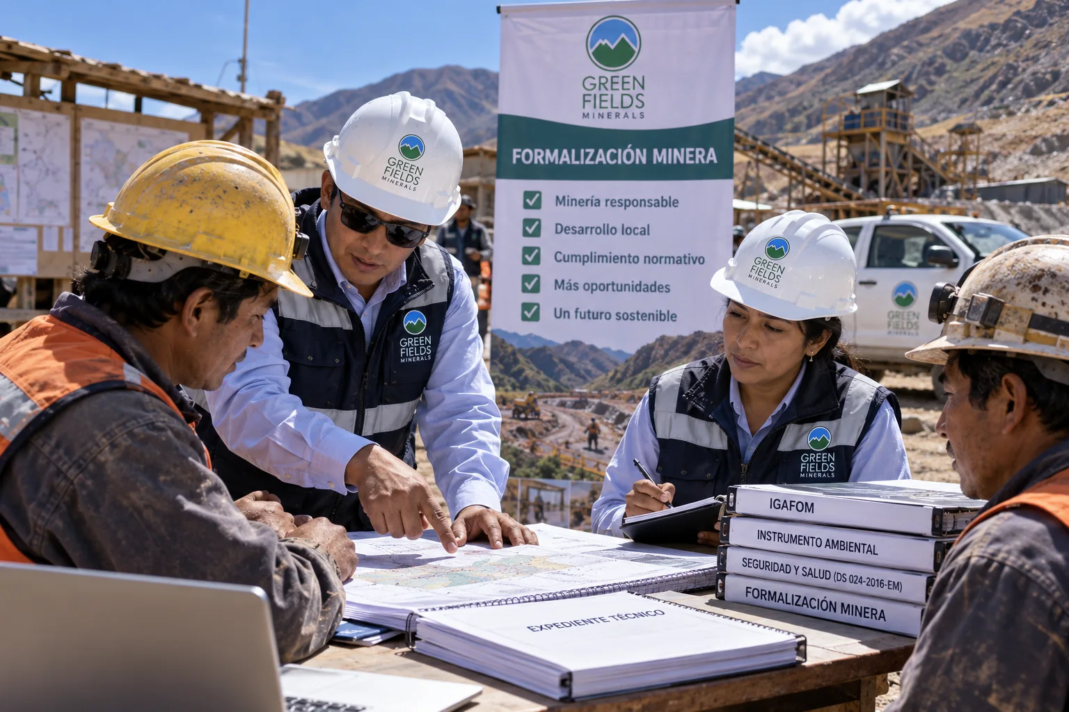 Especialistas de Greenfields Minerals y mineros revisando información técnica y de formalización